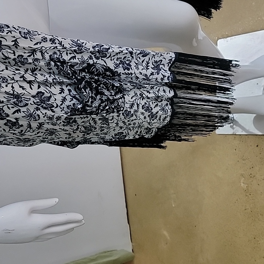 🩷 Democracy White & Blue Floral Kimono With Fringe at Hem Open Caridgan - Picture 4 of 10